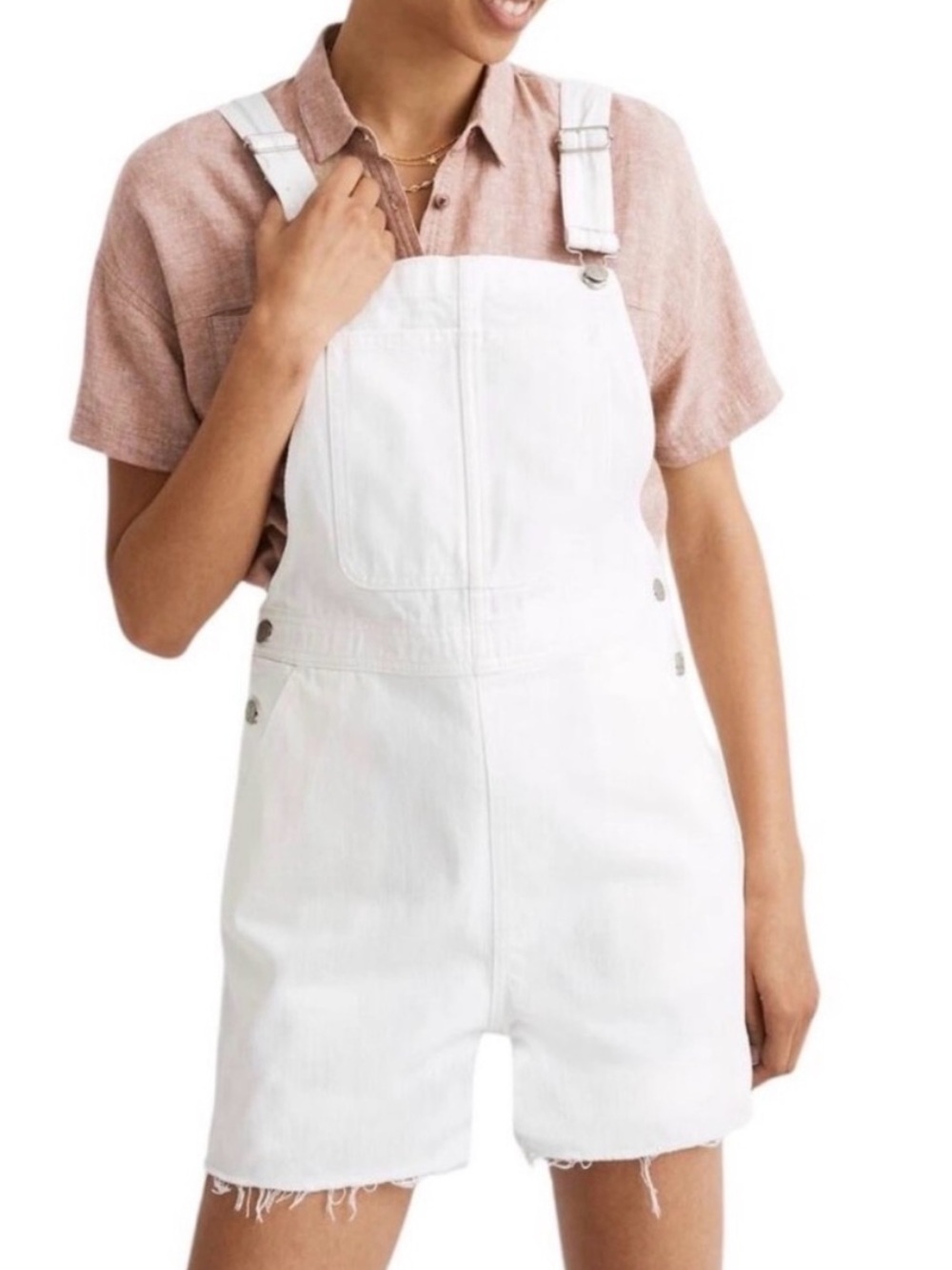 Madewell White Denim Short Overalls with Blush Shirt